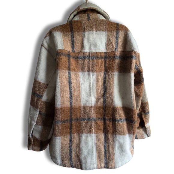 Avec Les Filles L Plaid Shacket Oversized Flannel Shirt Jacket Beige White Cozy - Picture 2 of 11